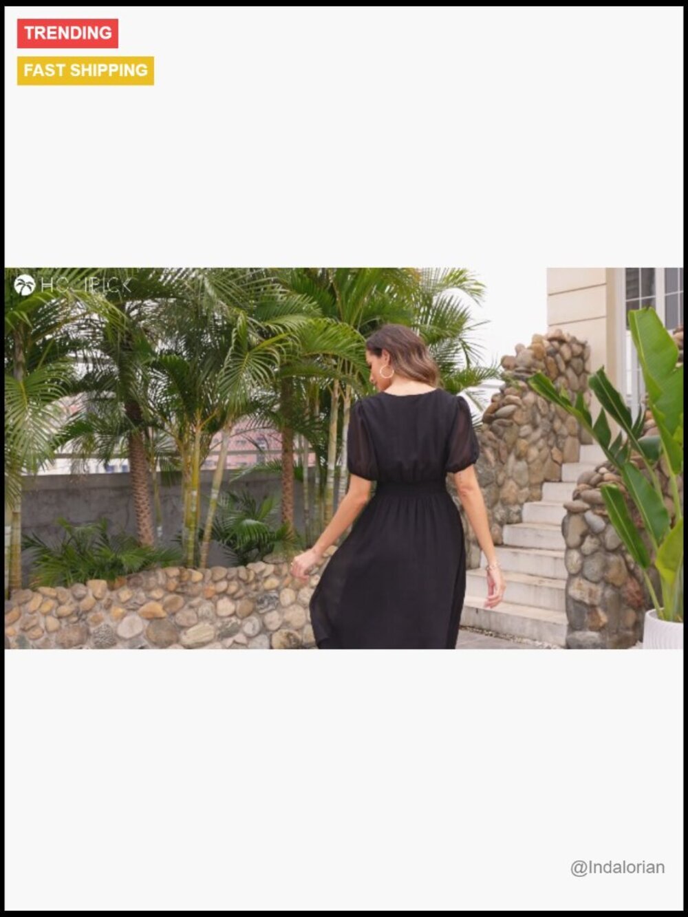 Chiffon Summer Casual Dress V Neck Short Sleeves Smocked Waist Swing - Picture 6 of 6